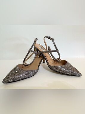 INC Silver Glitter Pointed-Toe Slingback Ankle Straps Evening Wedding Heels 8.5
